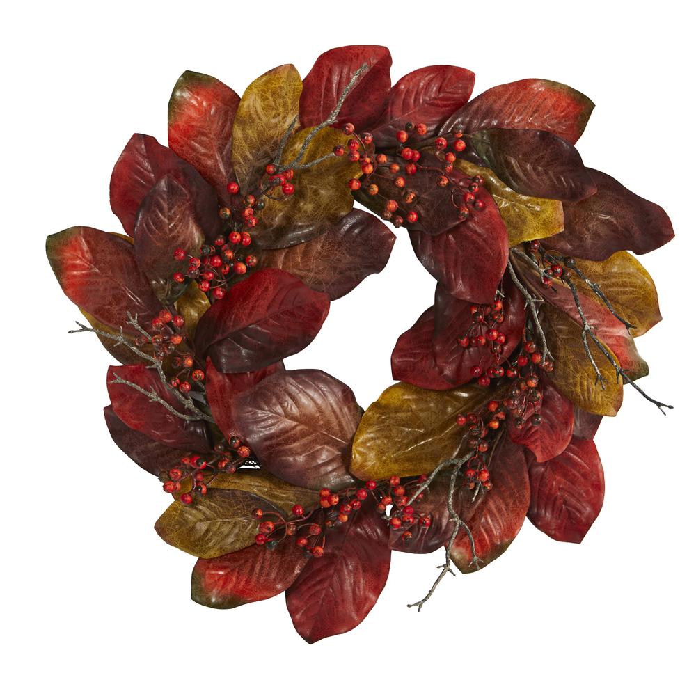 24in. Harvest Magnolia Leaf and Berries Artificial Wreath. Picture 1