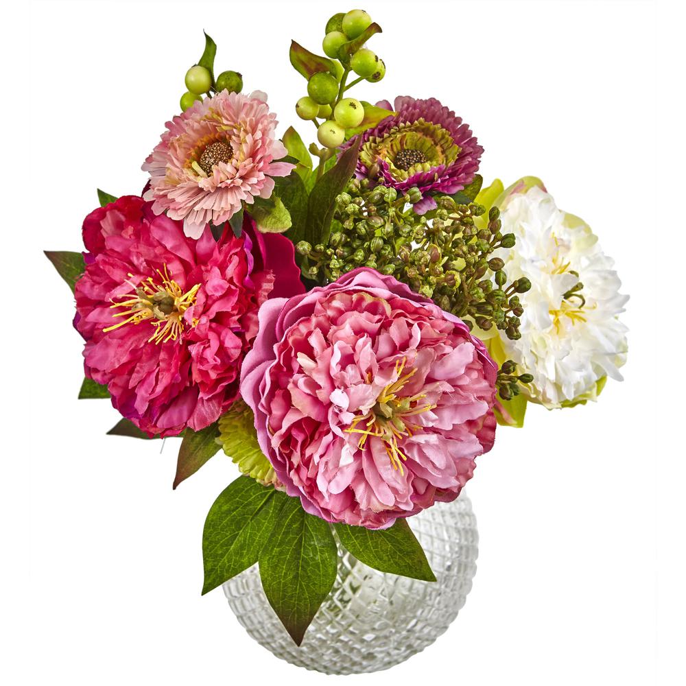 Peony and Mum in Glass Vase Pink. Picture 2