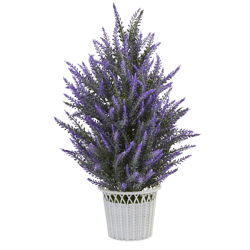 Lavender in White Wicker Planter Artificial Plant. Picture 1