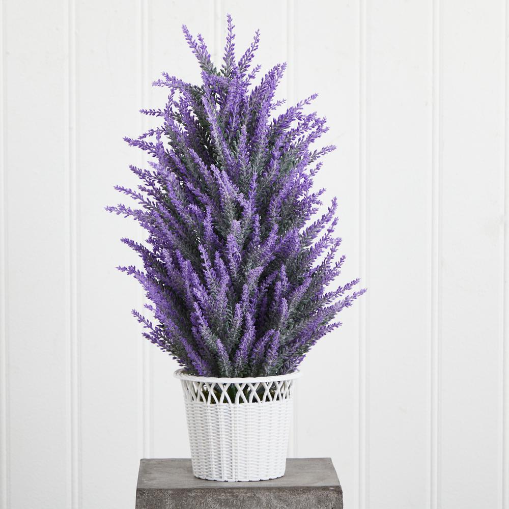 Lavender in White Wicker Planter Artificial Plant. Picture 2