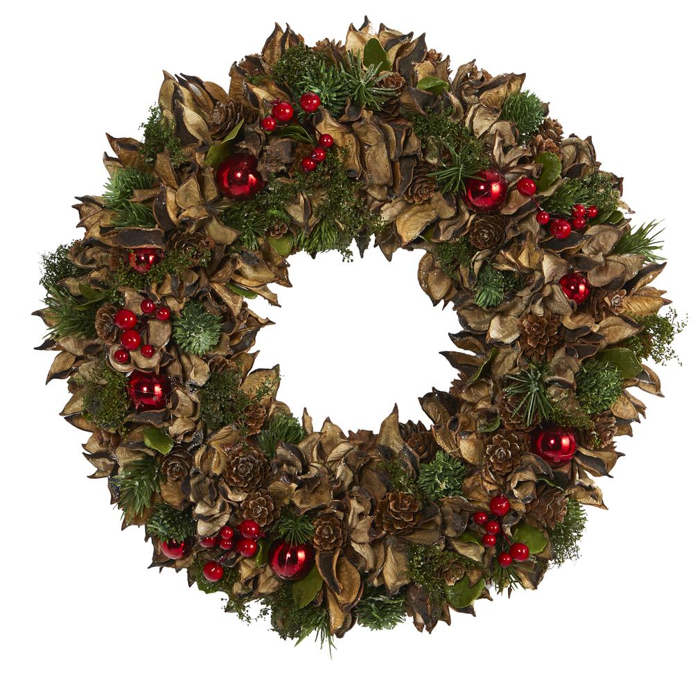 15in. Holiday Artificial Wreath with Pine Cones and Ornaments. Picture 1