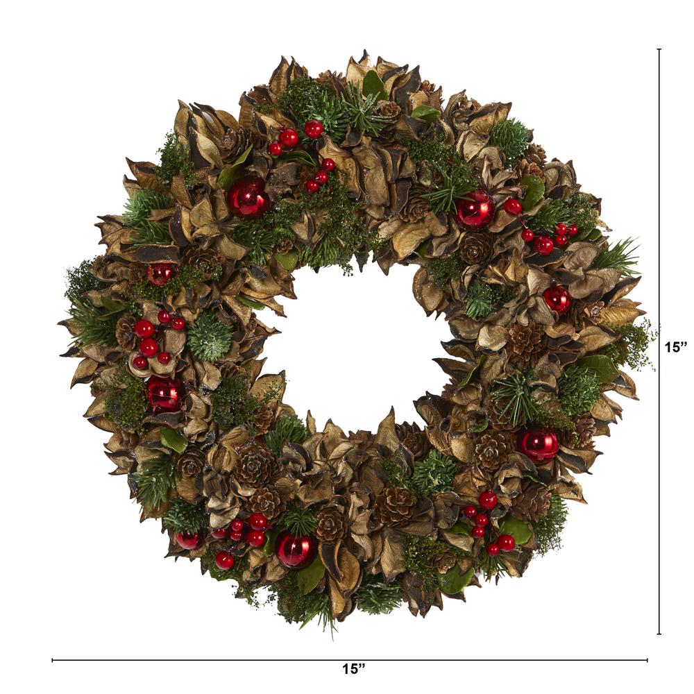 15in. Holiday Artificial Wreath with Pine Cones and Ornaments. Picture 2