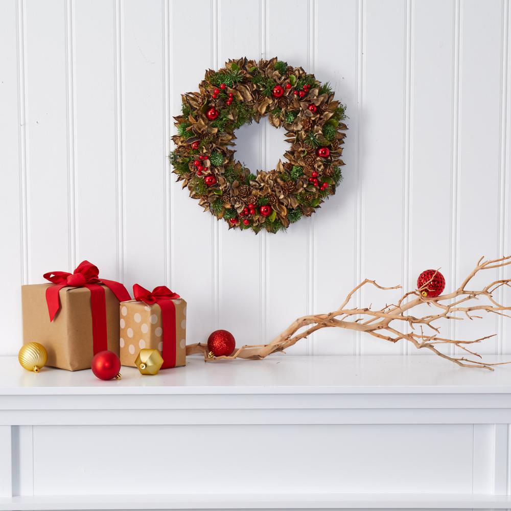 15in. Holiday Artificial Wreath with Pine Cones and Ornaments. Picture 3