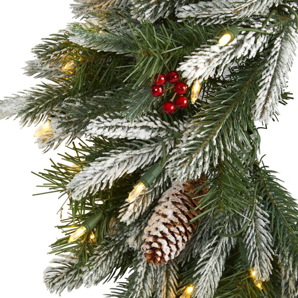 24in. Snowed Artificial Christmas Wreath with 50 Warm White LED Lights and Pine Cones. Picture 2