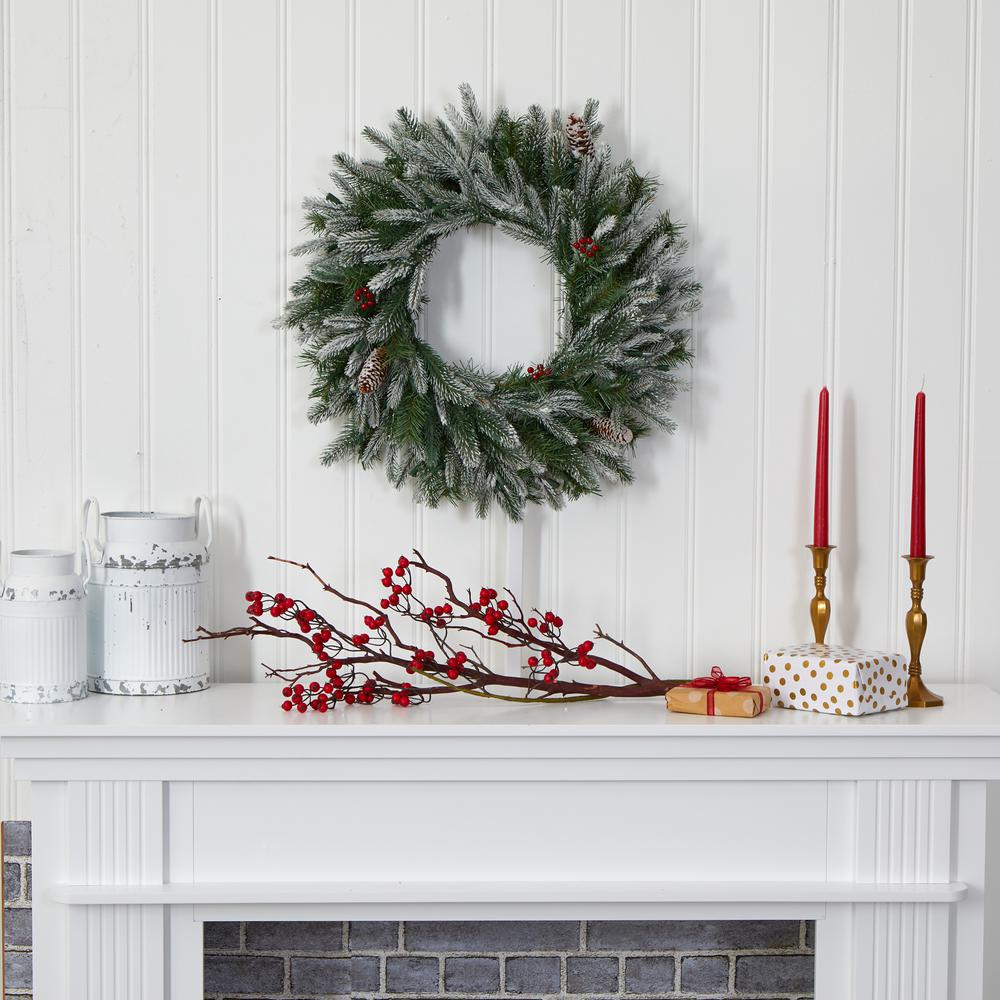 24in. Snowed Artificial Christmas Wreath with 50 Warm White LED Lights and Pine Cones. Picture 3