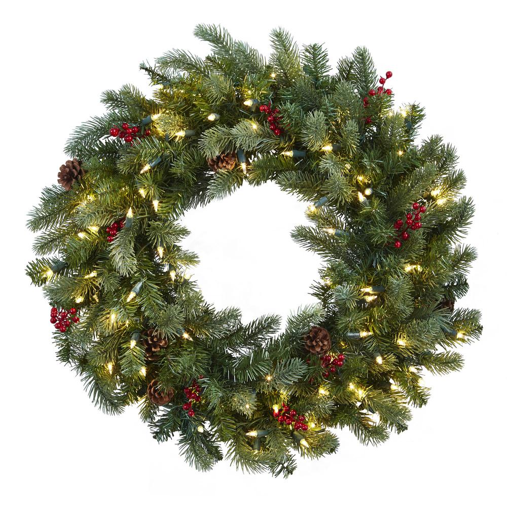 30in. Lighted Pine Wreath with Berries & Pinecones. Picture 2