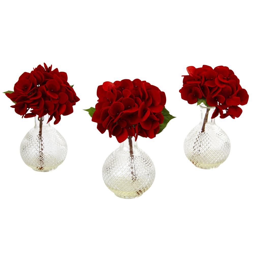 Red Hydrangea with Glass Vase (Set of 3). Picture 1