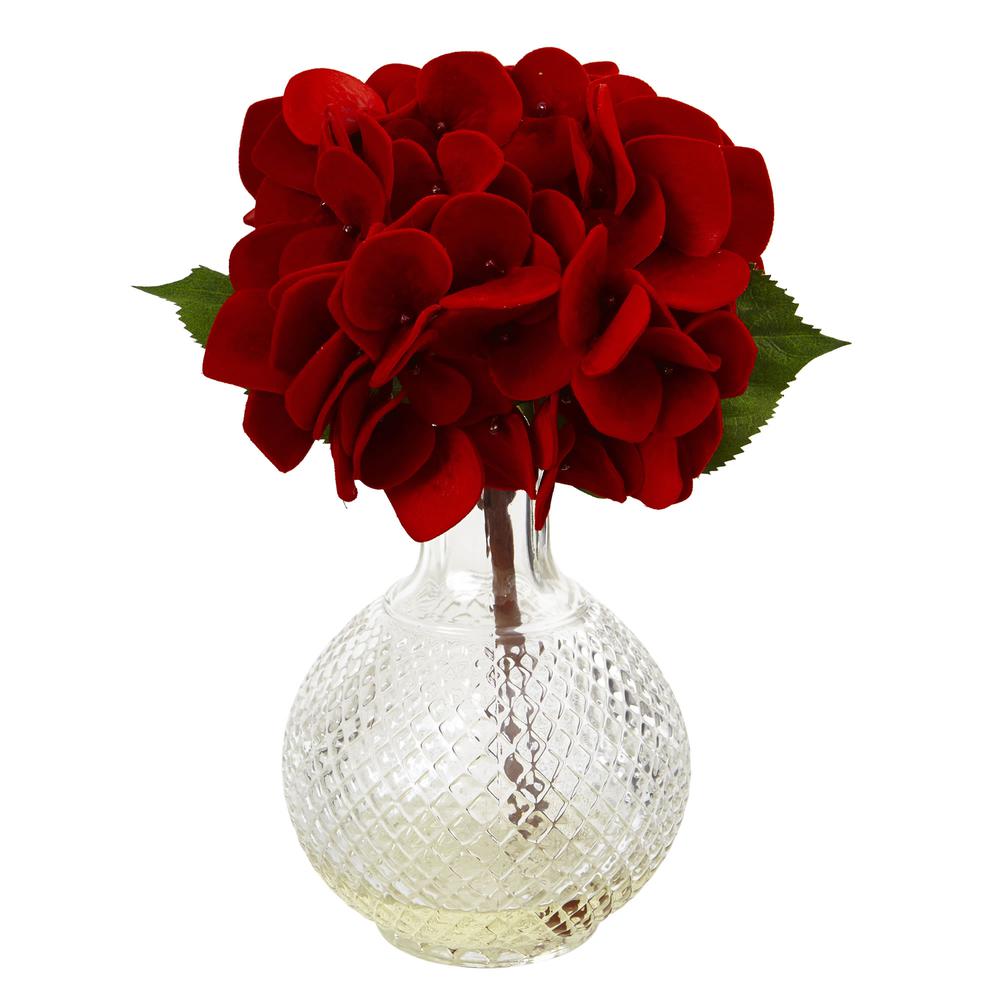 Red Hydrangea with Glass Vase (Set of 3). Picture 2