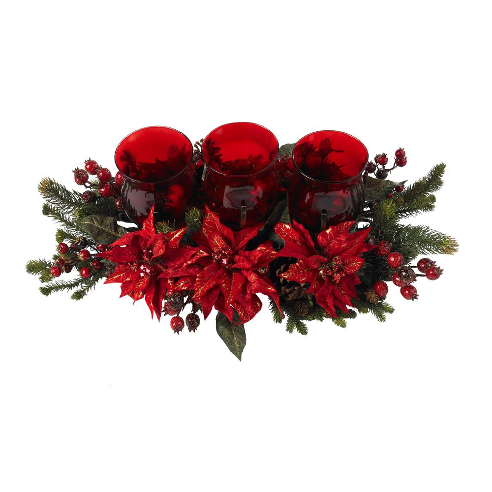Poinsettia & Berry Triple Candelabrum. Picture 1