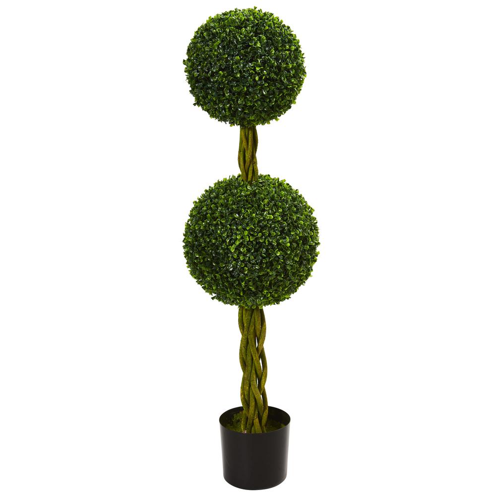 4ft. Boxwood Double Ball Artificial Topiary Tree with Woven Trunk, UV Resistant (Indoor/Outdoor). Picture 1