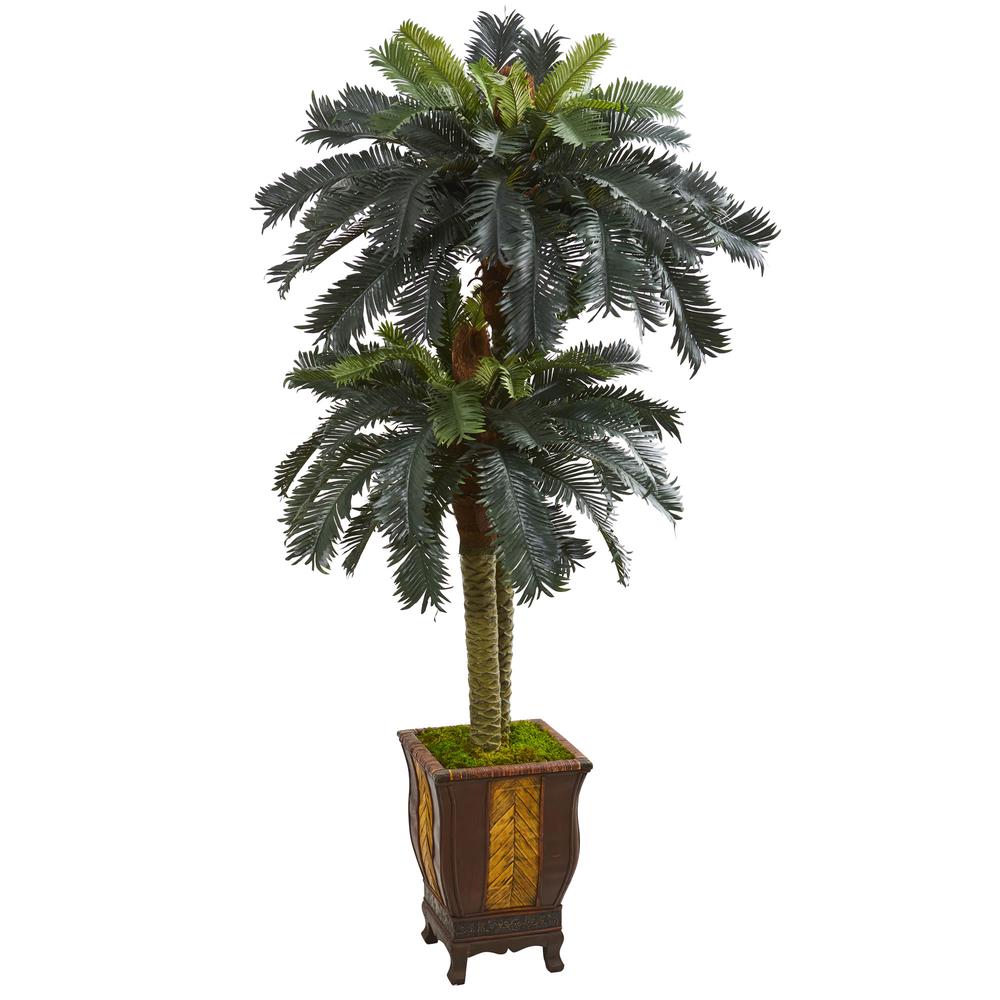 6ft. Double Sago Palm Artificial Tree in Designer Planter. Picture 1