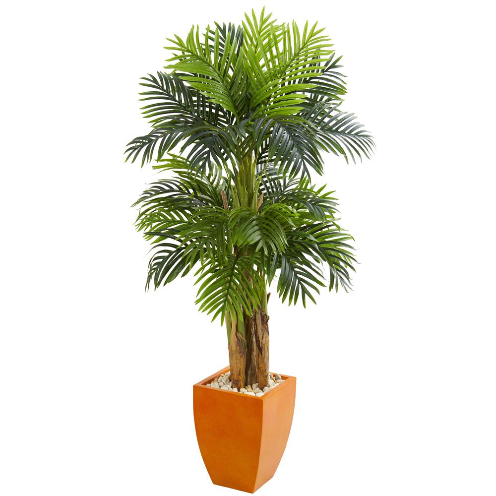 Triple Areca Palm Artificial Tree in Orange Planter. Picture 1