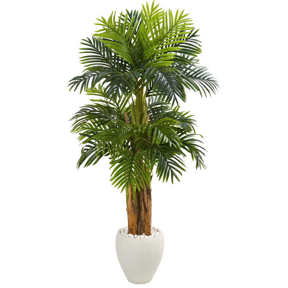 5.5ft. Triple Areca Palm Artificial Tree in White Planter. Picture 1