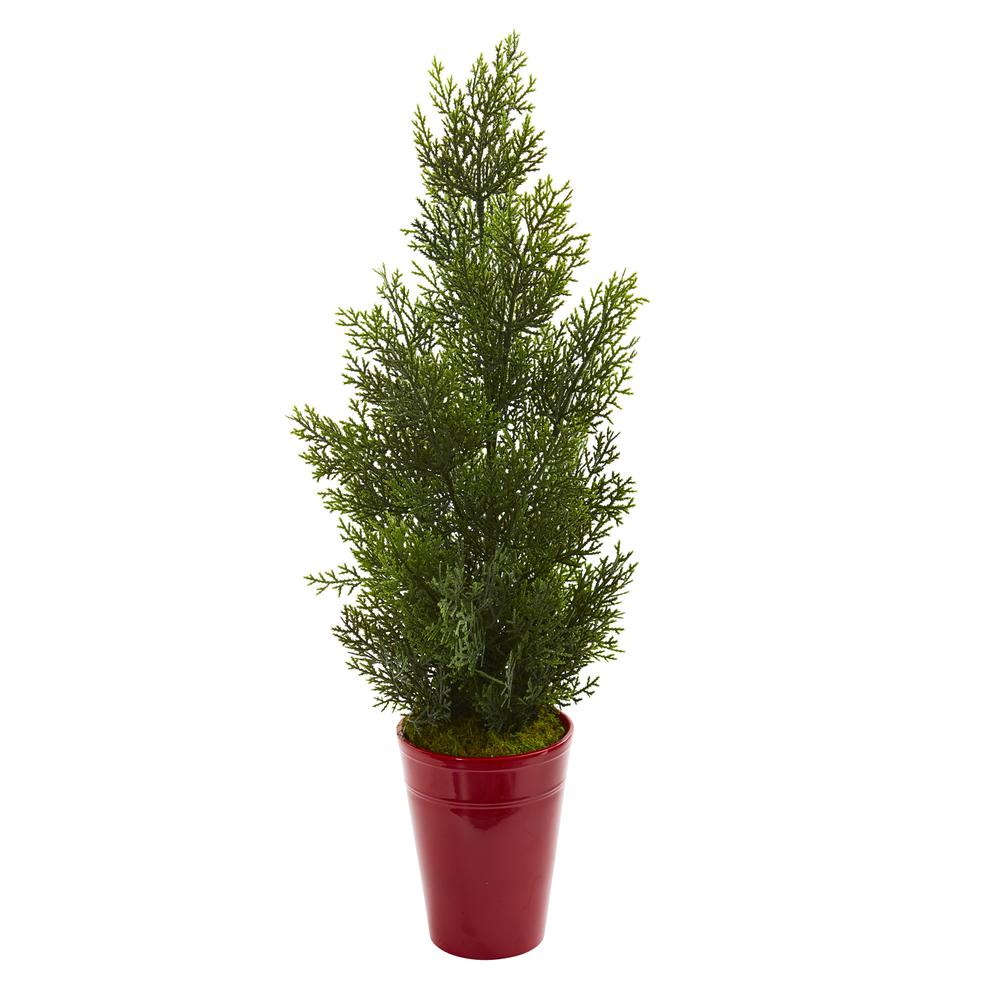 27in. Mini Cedar Artificial Pine Tree in Decorative Planter (Indoor/Outdoor). Picture 1