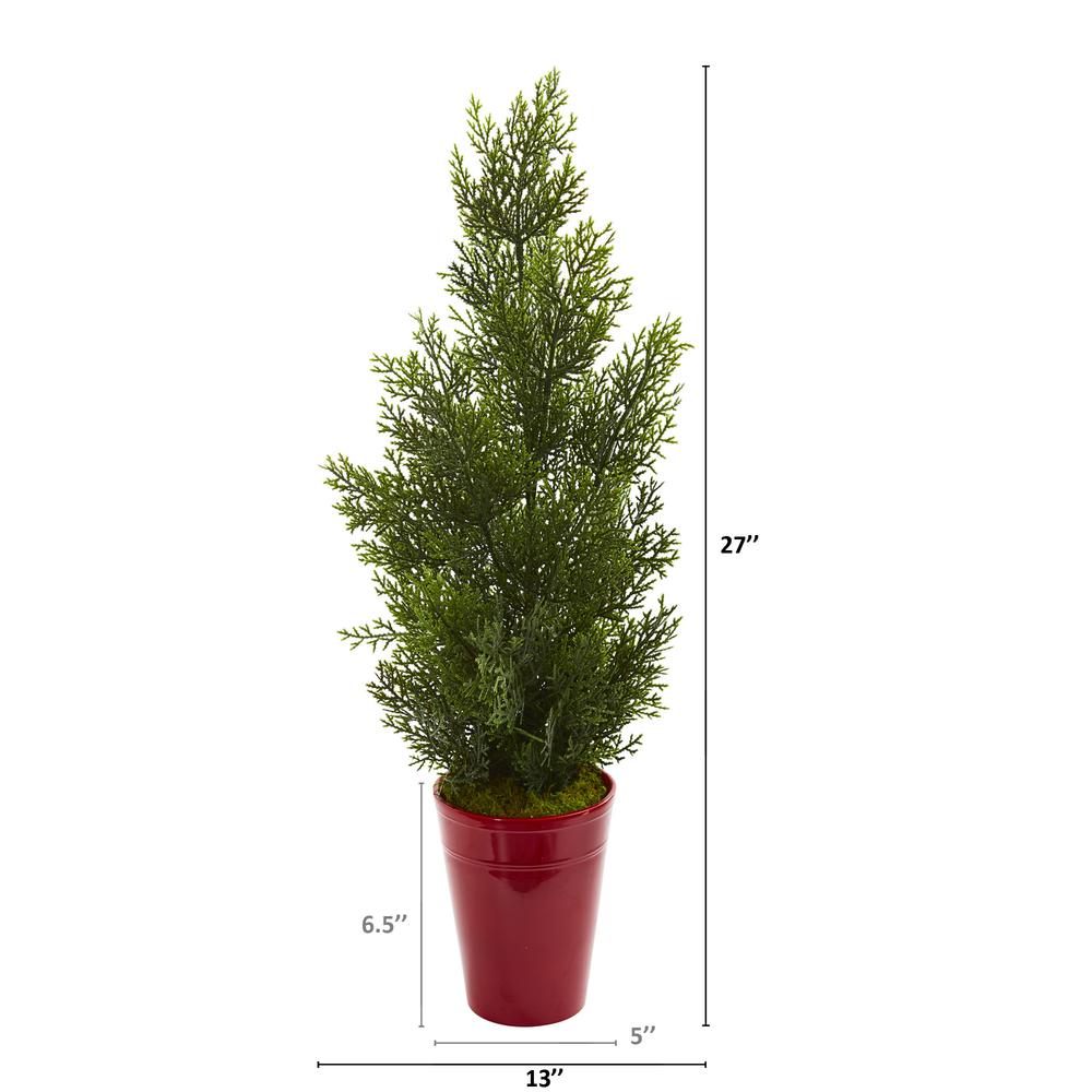 27in. Mini Cedar Artificial Pine Tree in Decorative Planter (Indoor/Outdoor). Picture 2