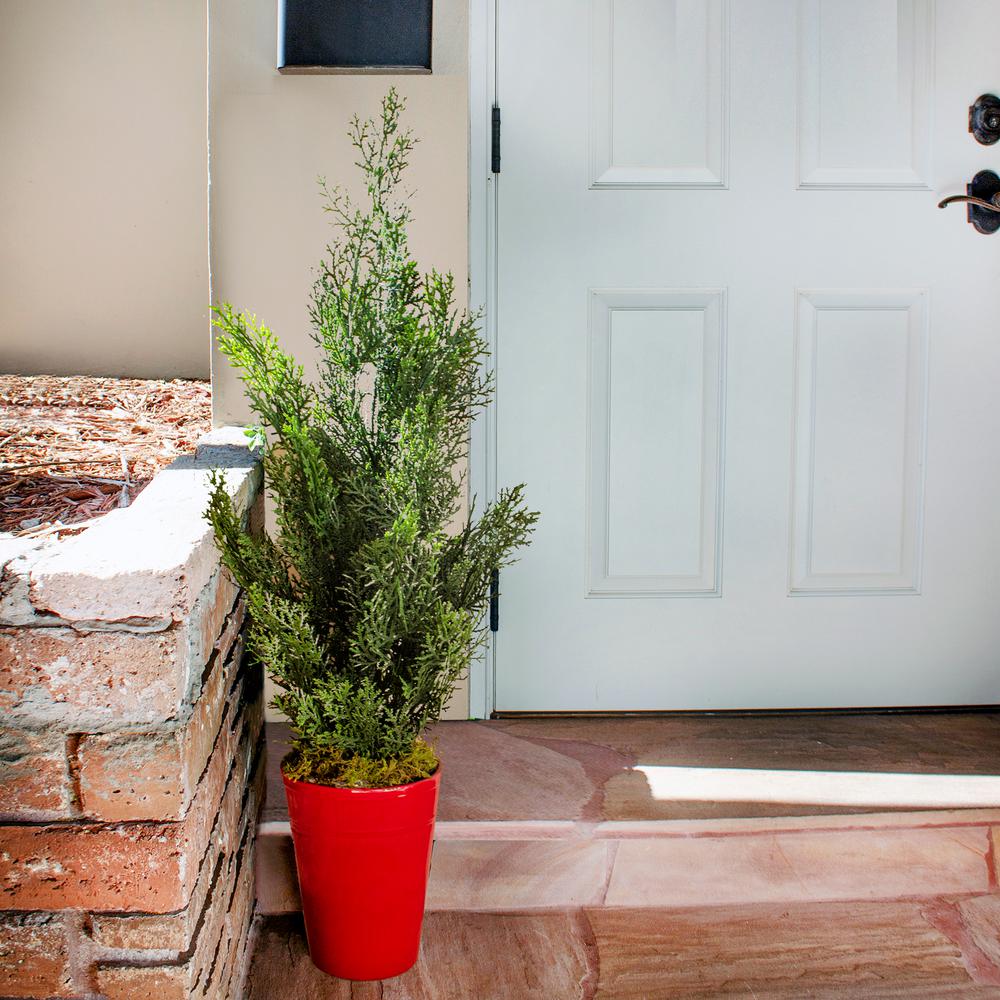 27in. Mini Cedar Artificial Pine Tree in Decorative Planter (Indoor/Outdoor). Picture 4