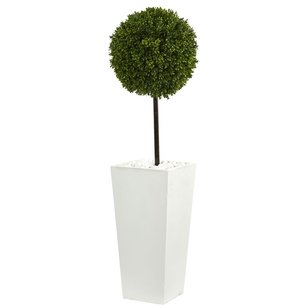 3.5ft. Boxwood Ball Topiary Artificial Tree in White Tower Planter UV Resistant (Indoor/Outdoor). Picture 1