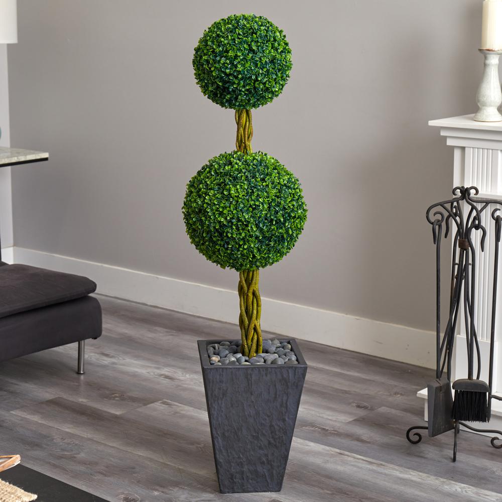 5ft. Double Ball Boxwood Topiary Artificial Tree in Slate Planter UV Resistant (Indoor/Outdoor)r). Picture 4
