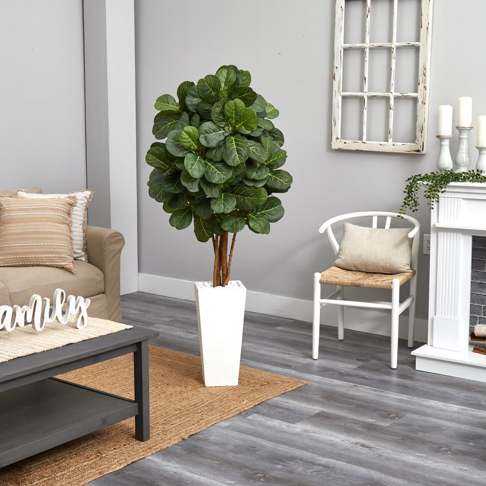 5ft. Fiddle Leaf Artificial Tree in White Tower Planter. Picture 3