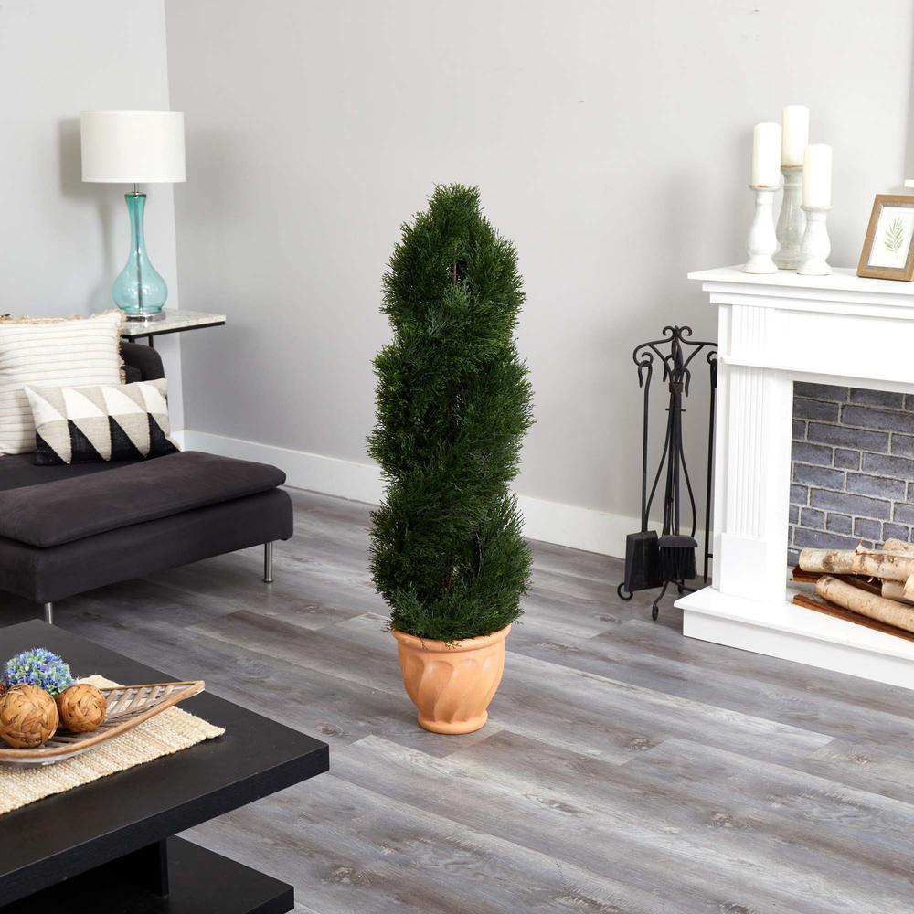 4.5ft. Double Pond Cypress Topiary Artificial Tree in Terracotta Planter UV Resistant (Indoor/Outdoor). Picture 4