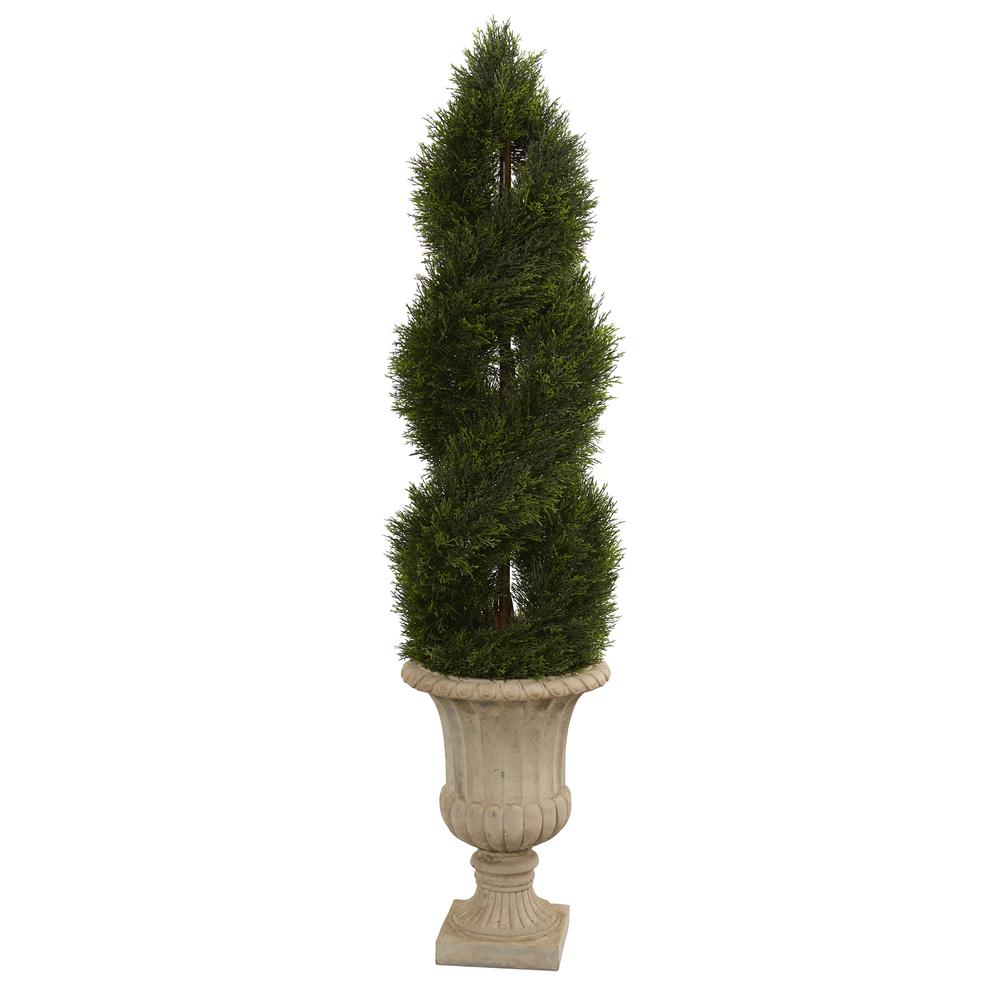 5ft. Double Pond Cypress Artificial Spiral Topiary Tree in Urn UV Resistant (Indoor/Outdoor). Picture 1