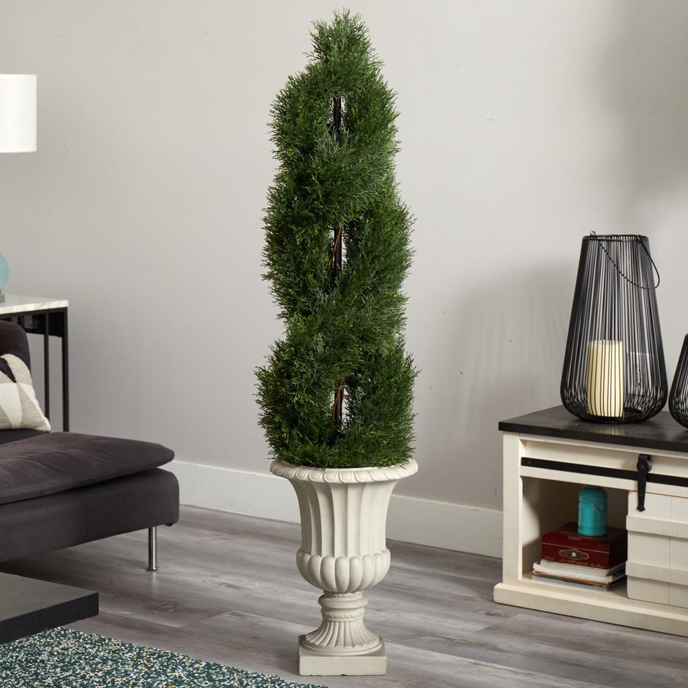 5ft. Double Pond Cypress Artificial Spiral Topiary Tree in Urn UV Resistant (Indoor/Outdoor). Picture 3