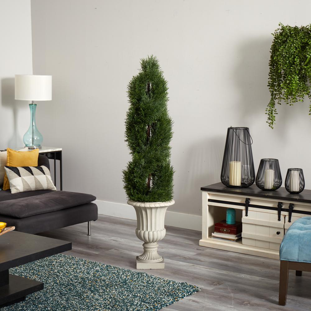 5ft. Double Pond Cypress Artificial Spiral Topiary Tree in Urn UV Resistant (Indoor/Outdoor). Picture 5