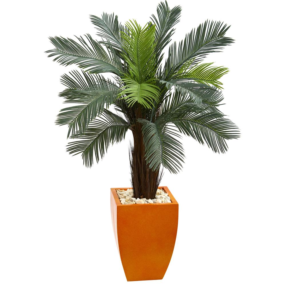 4.5ft. Cycas Artificial Tree in Orange Planter UV Resistant (Indoor/Outdoor). Picture 1