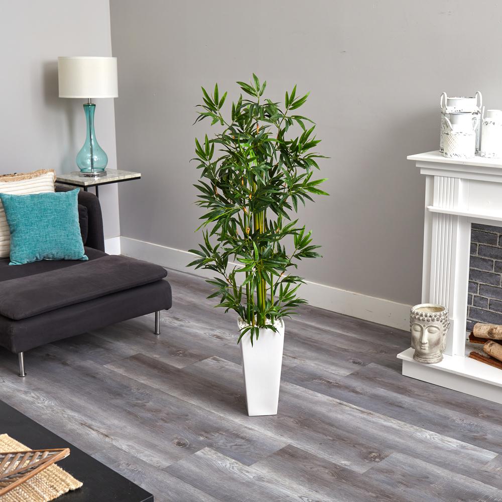 4.5ft. Bamboo Artificial Tree in White Tower Planter. Picture 2