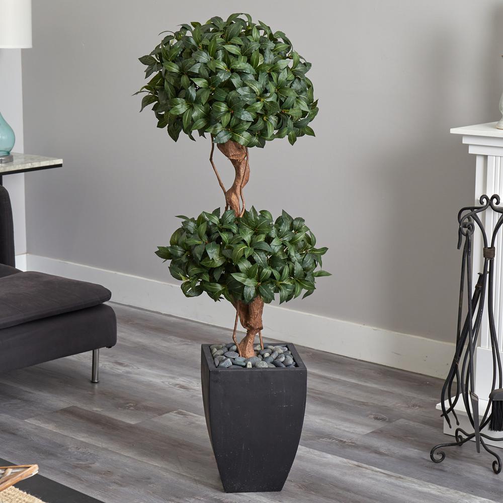 4.5ft. Sweet Bay Artificial Double Topiary Tree in Black Wash Planter. Picture 5