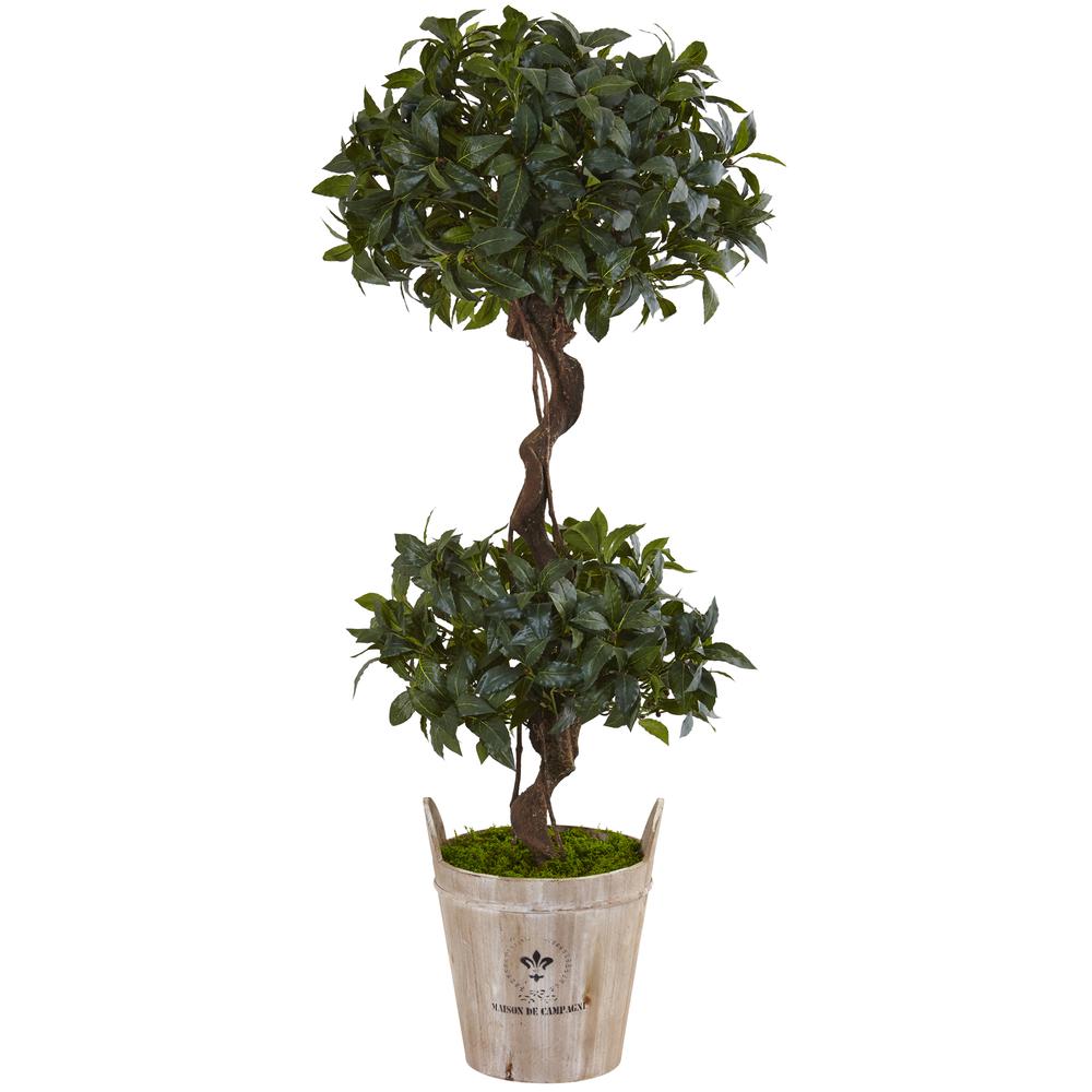 4.5ft. Sweet Bay Double Topiary Artificial Tree in Farmhouse Planter. Picture 1