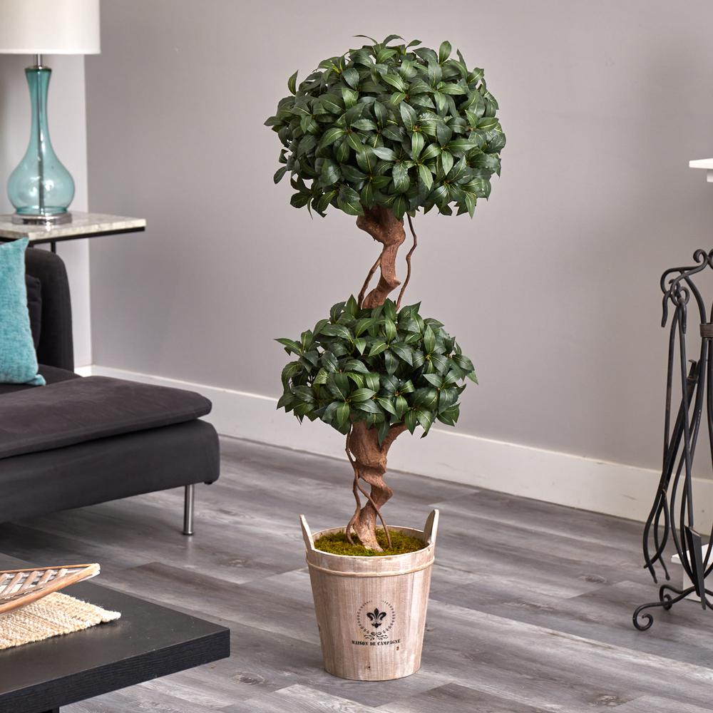 4.5ft. Sweet Bay Double Topiary Artificial Tree in Farmhouse Planter. Picture 5