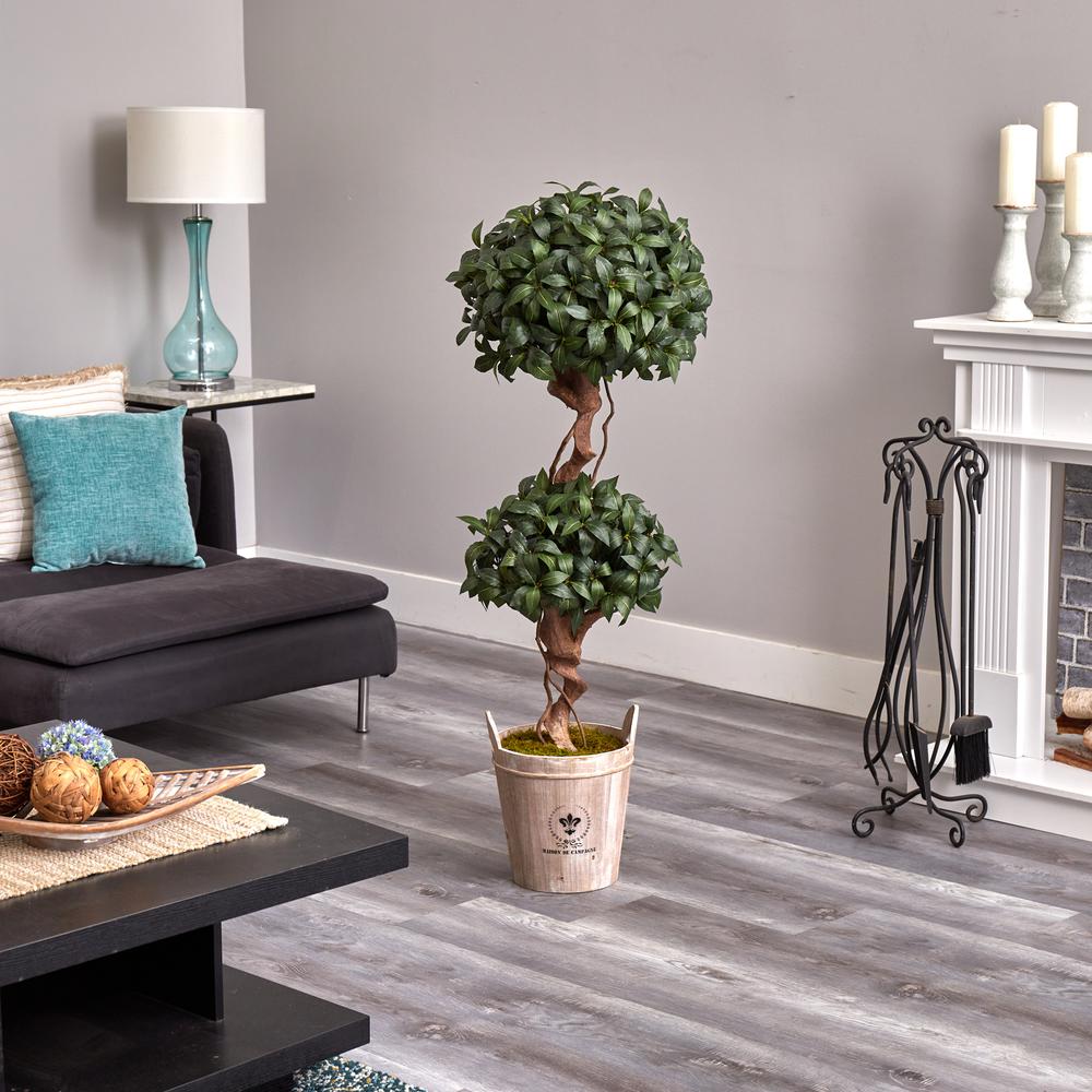 4.5ft. Sweet Bay Double Topiary Artificial Tree in Farmhouse Planter. Picture 4