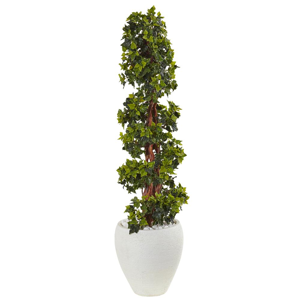 4ft. English Ivy Topiary Artificial Tree in White Oval Planter, UV Resistant (Indoor/Outdoor). Picture 1