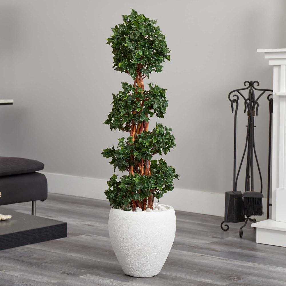 4ft. English Ivy Topiary Artificial Tree in White Oval Planter, UV Resistant (Indoor/Outdoor). Picture 4