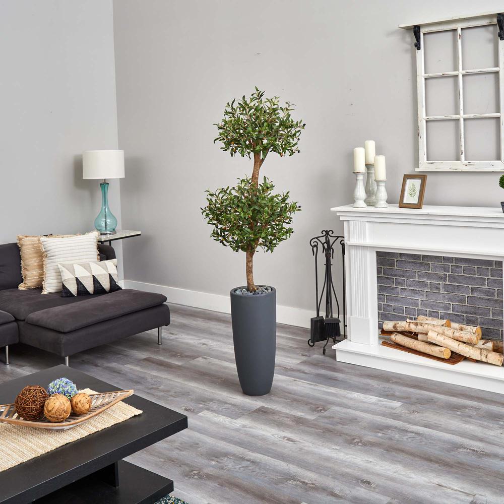 6ft. Olive Double Artificial Tree in Gray Cylinder Planter. Picture 2