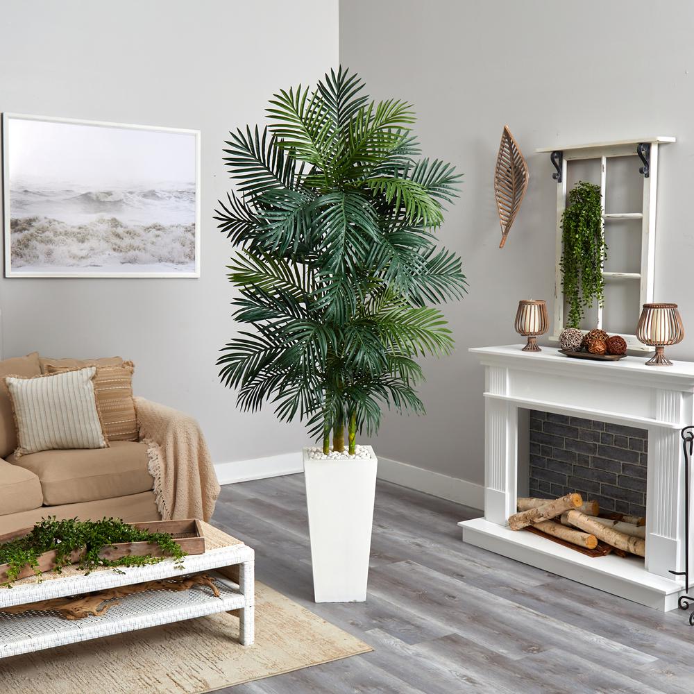 Golden Cane Palm Artificial Tree in White Tower Planter. Picture 2