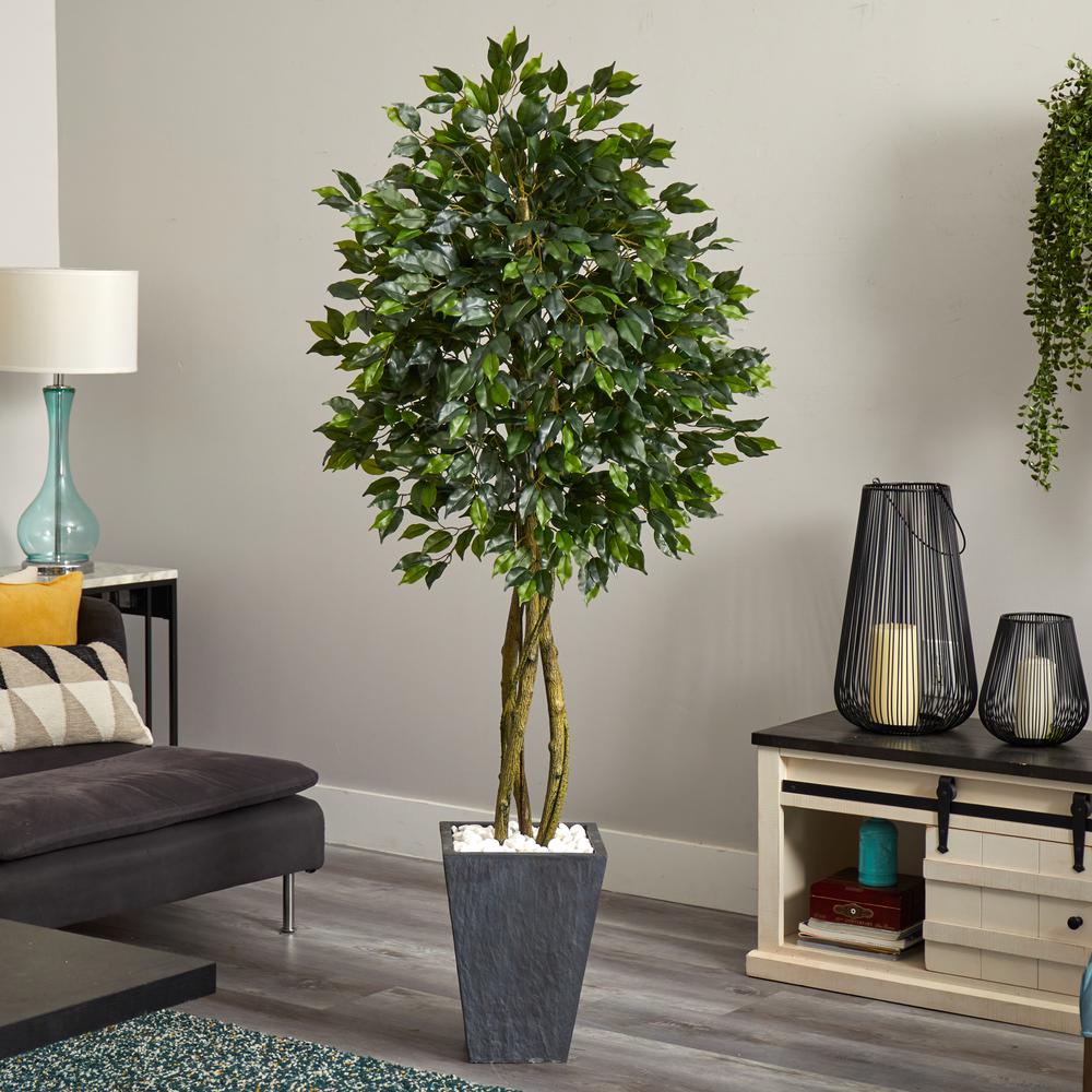 6.5ft. Ficus Artificial Tree with Slate Planter, UV Resistant (Indoor/Outdoor). Picture 2