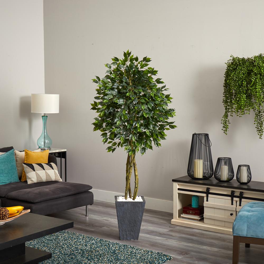 6.5ft. Ficus Artificial Tree with Slate Planter, UV Resistant (Indoor/Outdoor). Picture 5