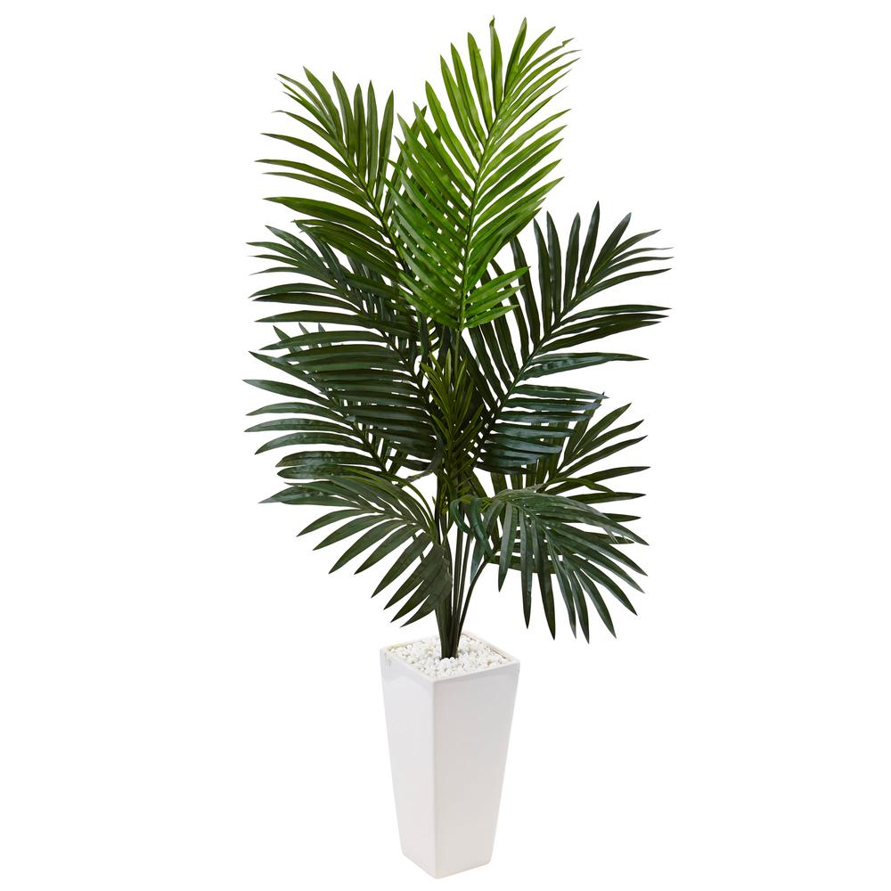 4.5ft. Kentia Palm Artificial Tree in White Tower Planter. Picture 1