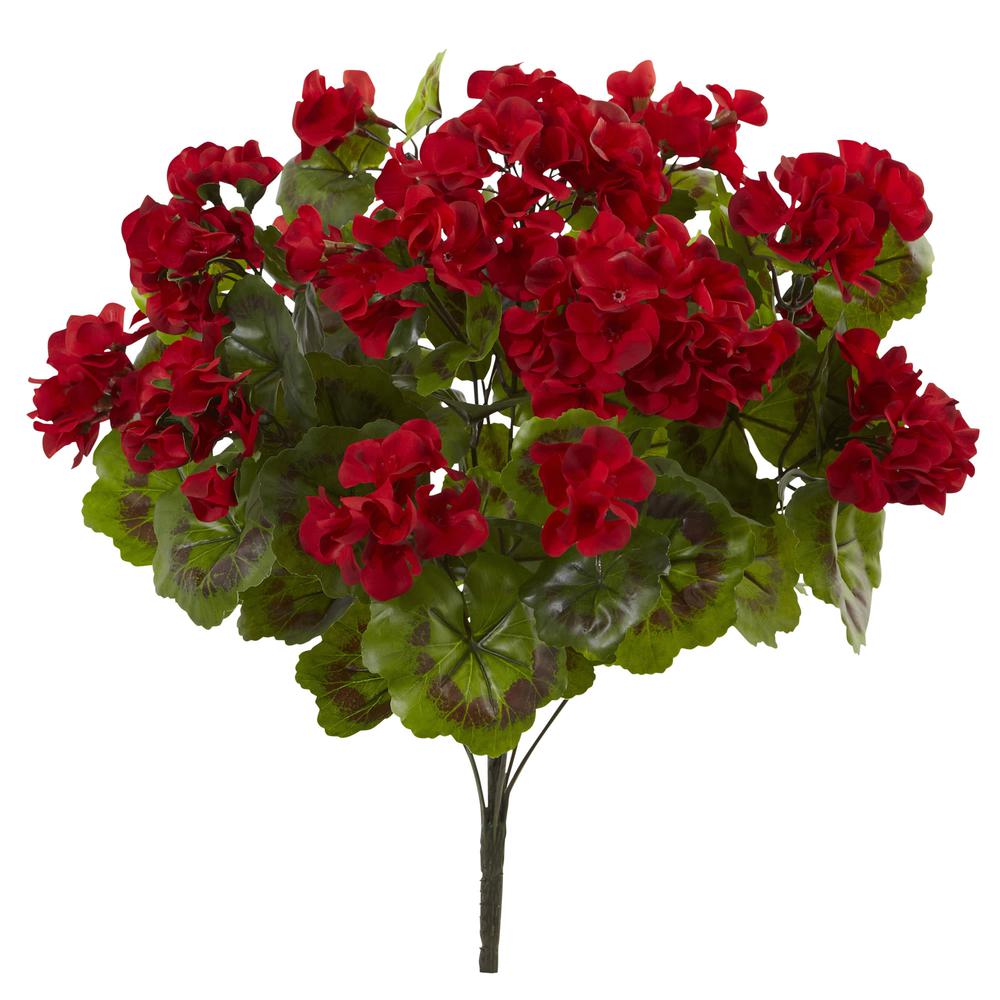 Geranium Artificial Bush, UV Resistant, Set of 3 (Indoor/Outdoor), Red. Picture 1