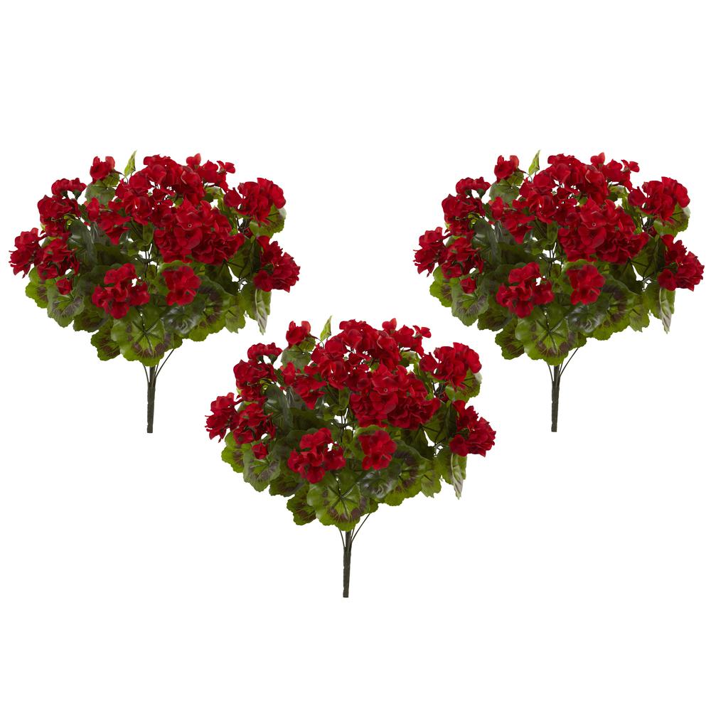 Geranium Artificial Bush, UV Resistant, Set of 3 (Indoor/Outdoor), Red. Picture 2