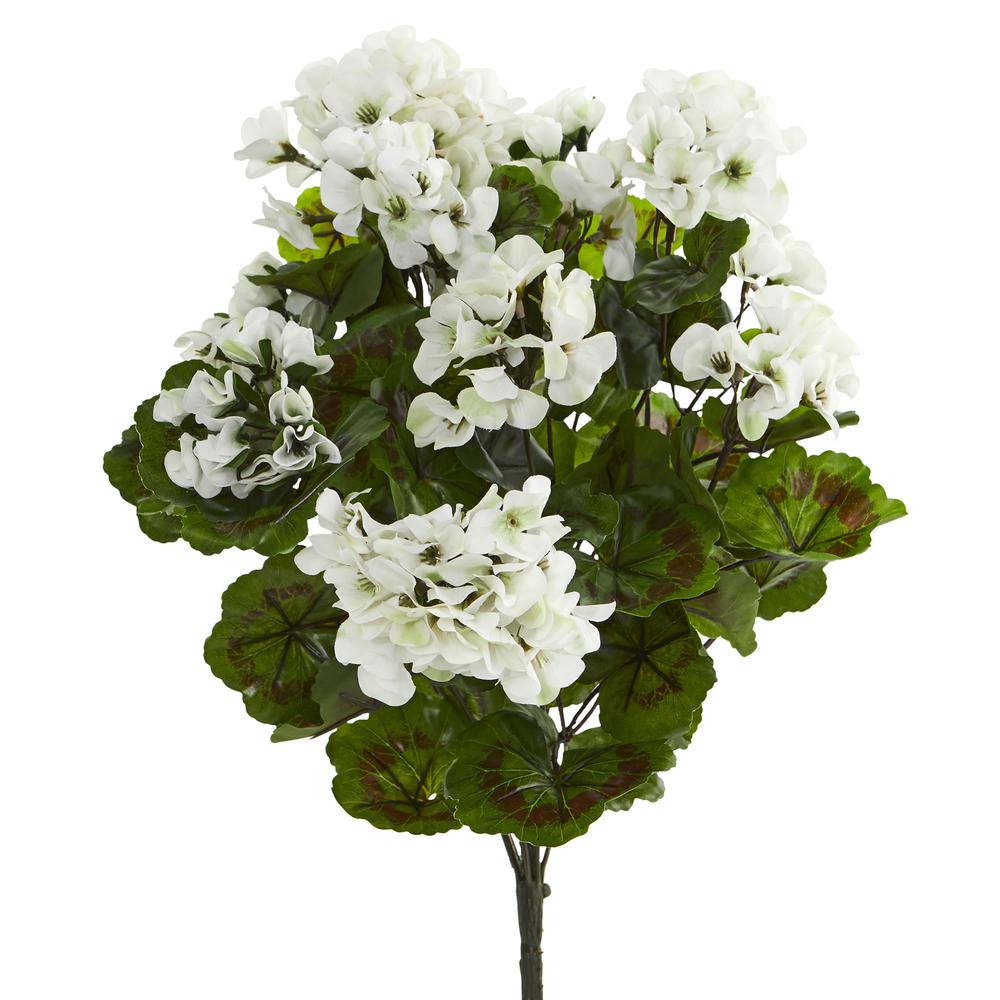Geranium Artificial Bush, UV Resistant, Set of 3 (Indoor/Outdoor), White. Picture 1