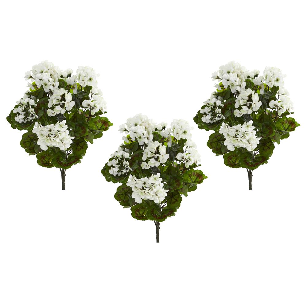 Geranium Artificial Bush, UV Resistant, Set of 3 (Indoor/Outdoor), White. Picture 2