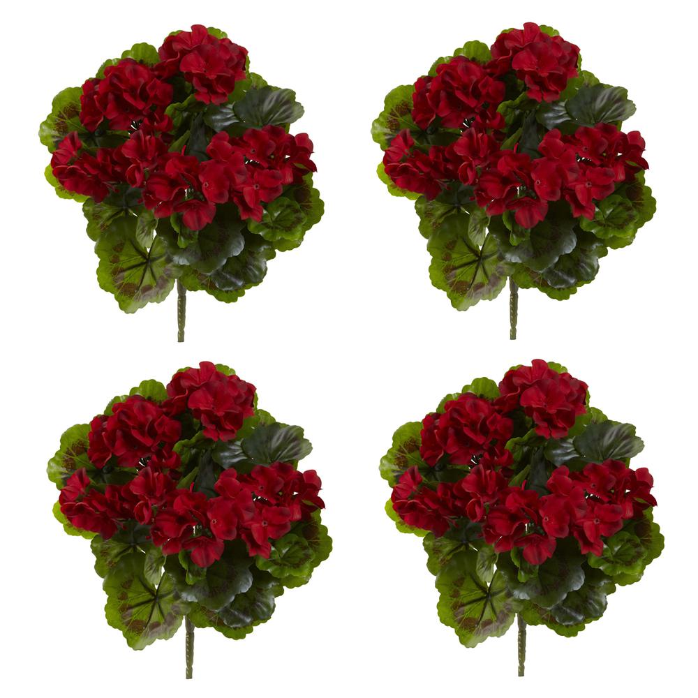 Geranium Artificial Bush UV Resistant, Set of 4 (Indoor/Outdoor), Red. Picture 4