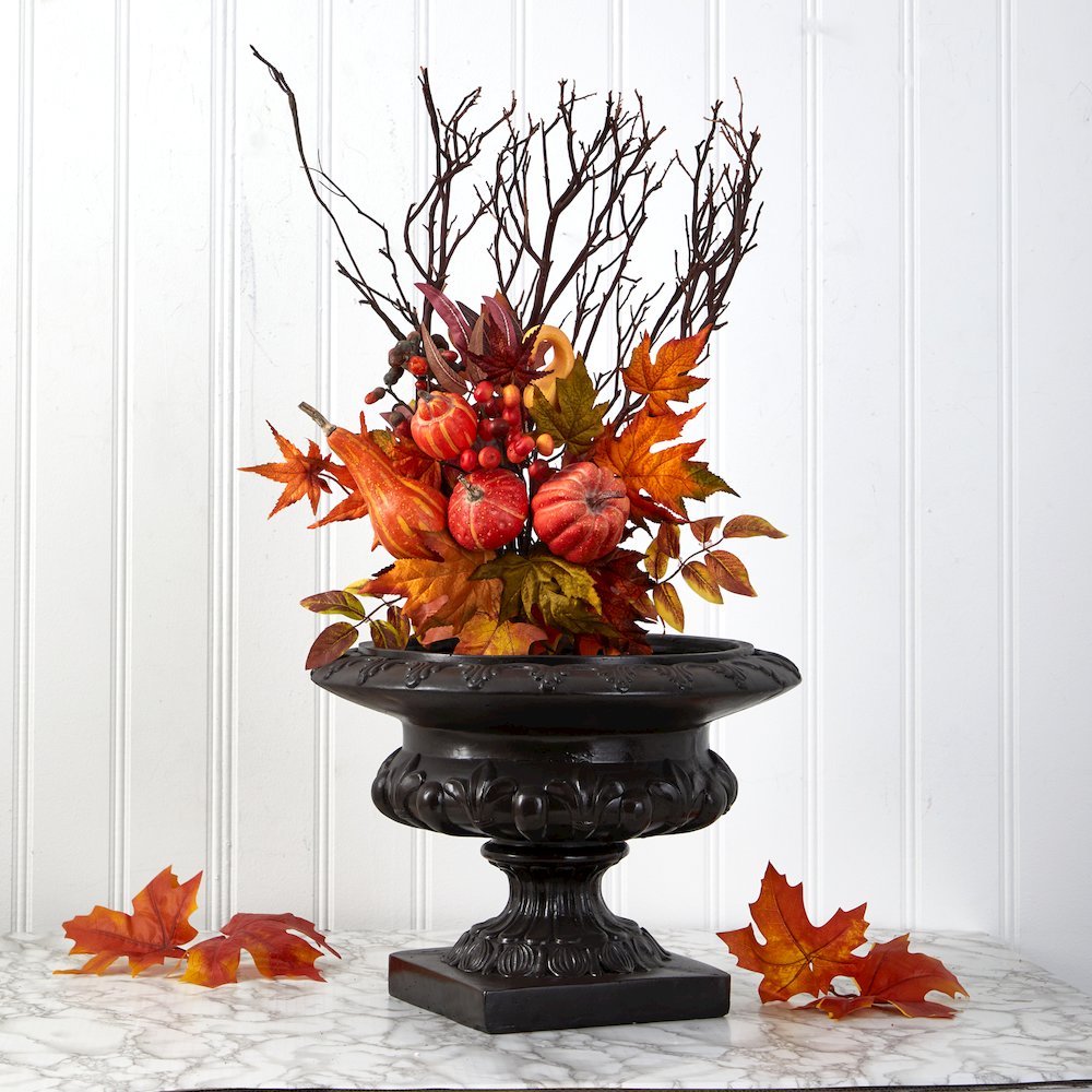 20in. Pumpkin and Maple Leaf Artificial Flower Bouquet (Set of 2). Picture 3