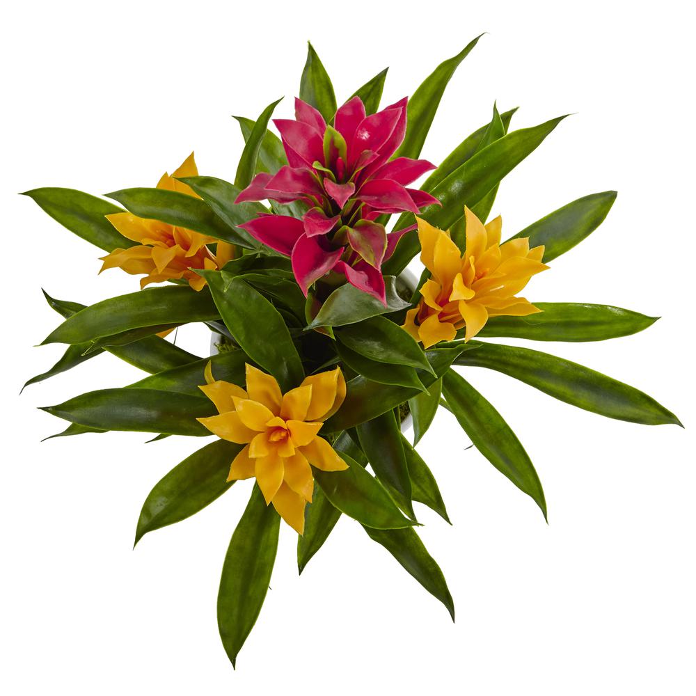 Tropical Bromeliad Artificial Plant in White Swirl Vase. Picture 3