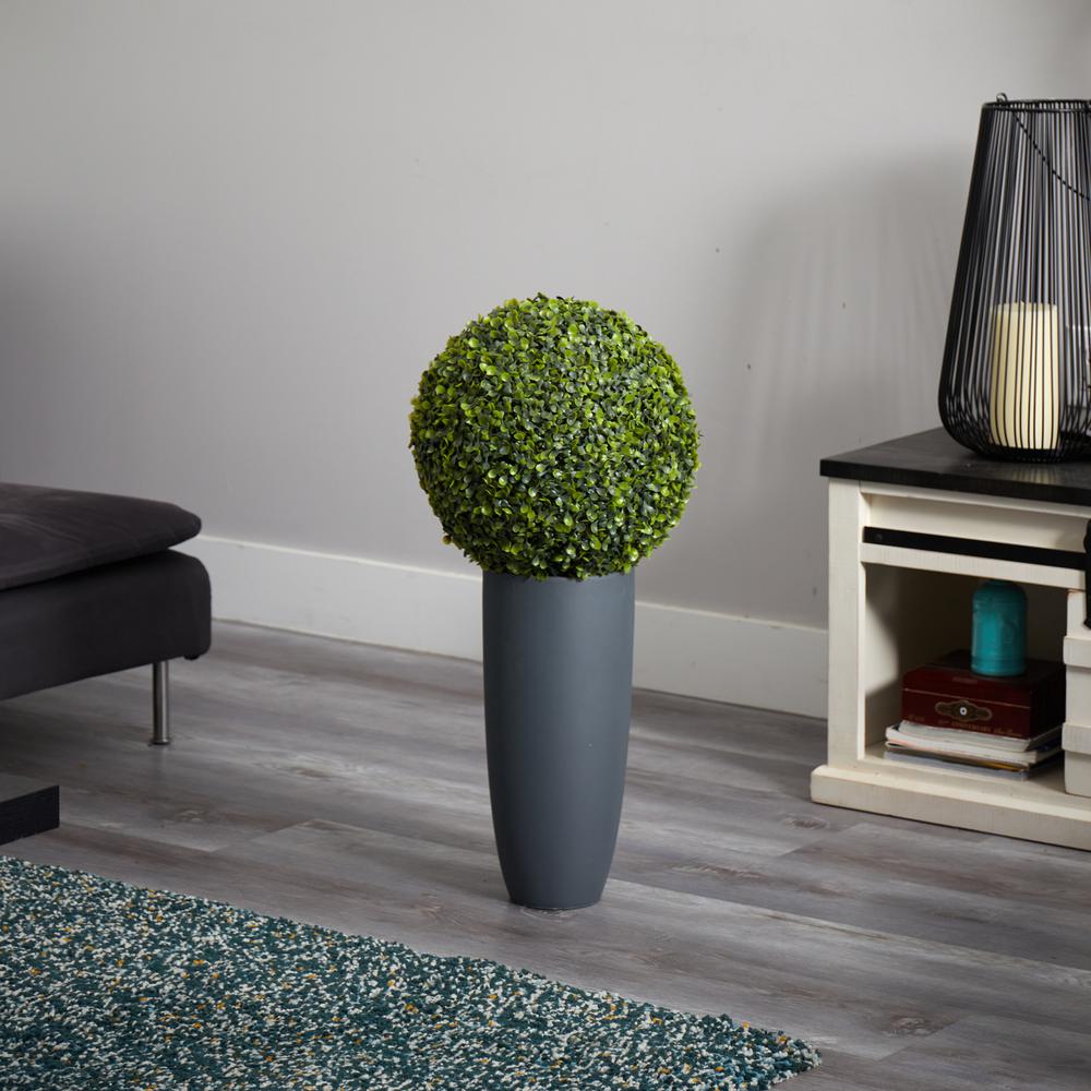 30in. Boxwood Artificial Topiary Plant in Gray Cylinder Planter (Indoor/Outdoor). Picture 2