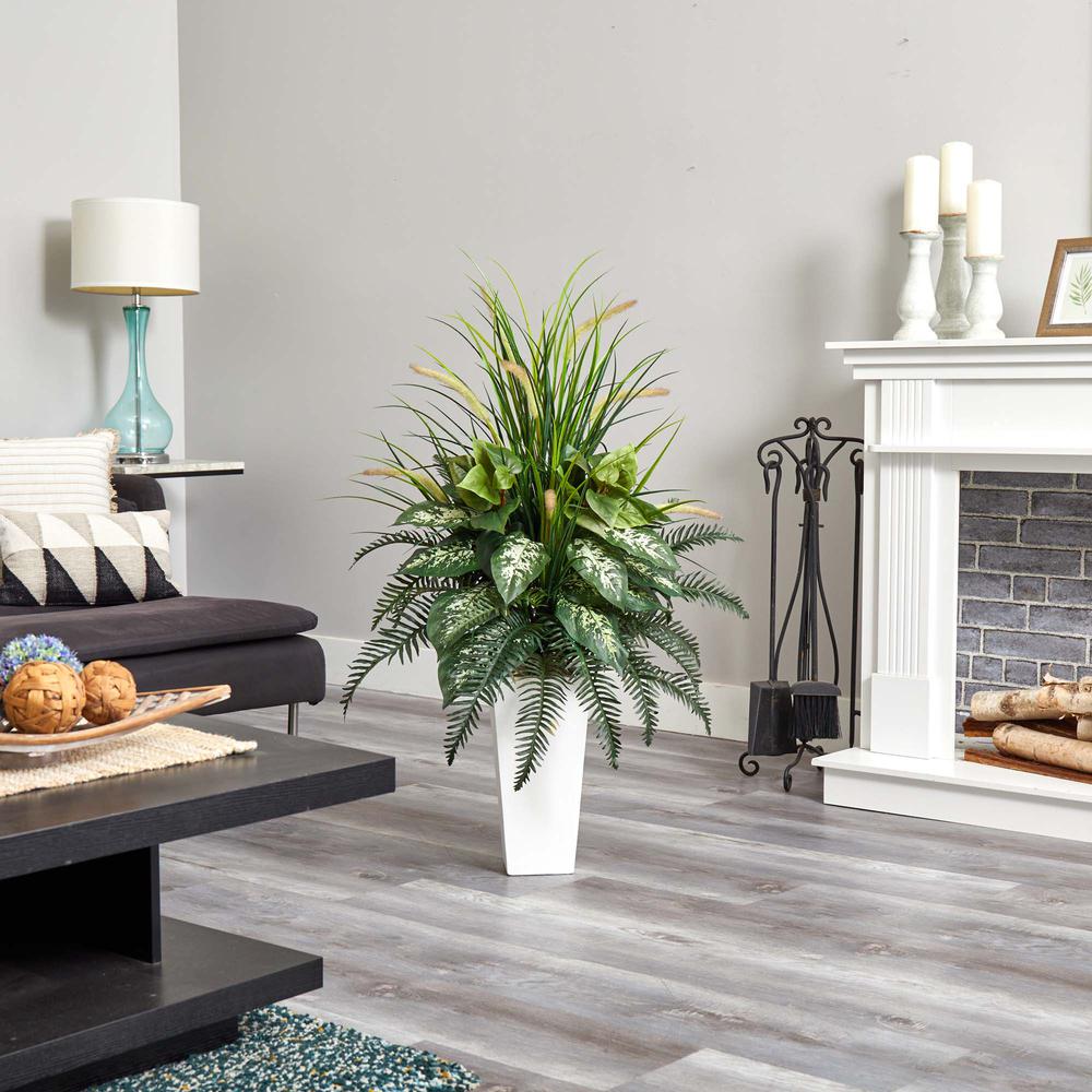 Mixed River Fern and Dog tail Artificial Plant in White Tower Planter. Picture 4