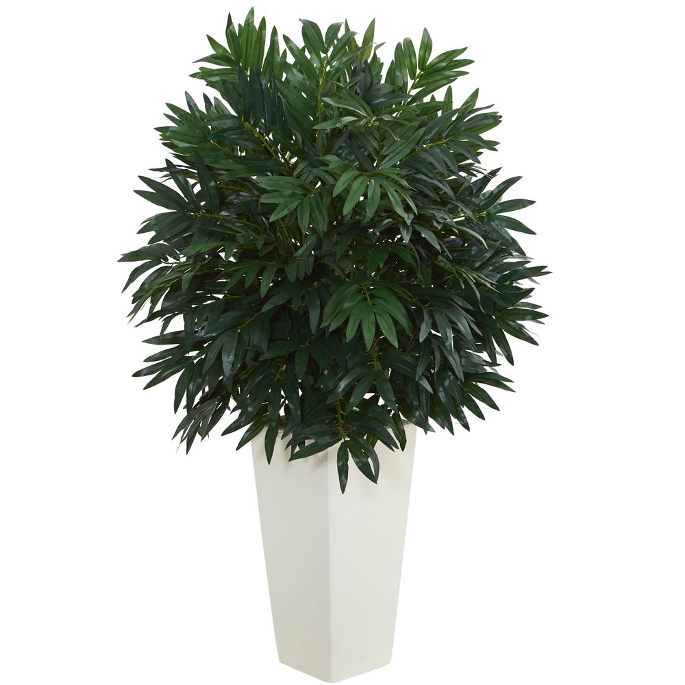 Double Bamboo Palm Artificial Plant in White Tower Vase. Picture 1